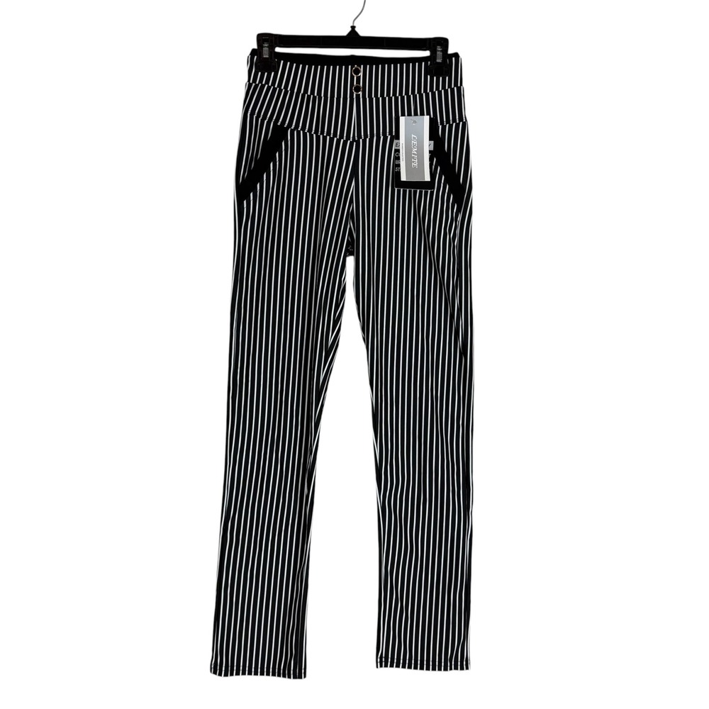 LEMITE Pants Womens S Black Stripe Slim Straight Knit Dress Pull On Stretch